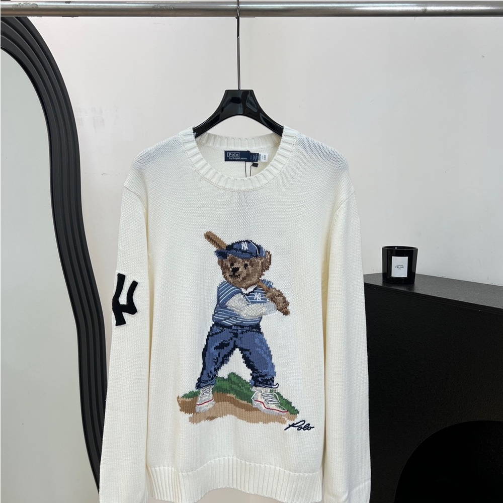 Polo by Ralph Lauren Cream Bear Baseball Crewneck Sweater with Navy Accents